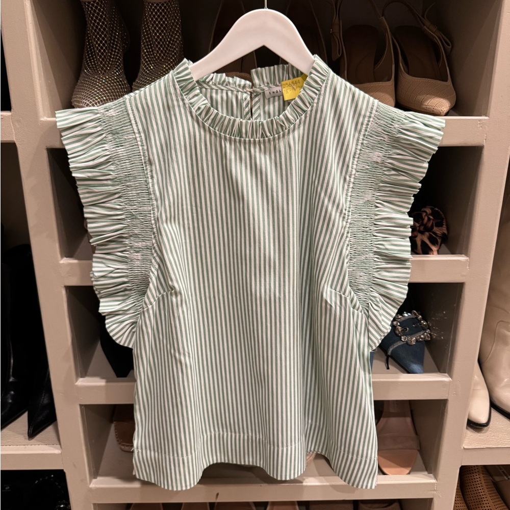 English Factory Green Striped Ruffle Top